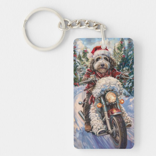 Llavero Bernedoodle Dog Riding Motorcycle Christmas (Frente)