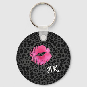 Llavero Beso Lipgloss Rosado Caliente Leopardo Negro Con M
