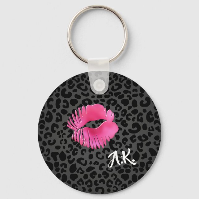Llavero Beso Lipgloss Rosado Caliente Leopardo Negro Con M (Anverso)