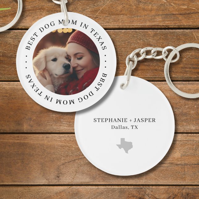 Llavero Best Dog Mom in Texas Personalized Photo (Personalize with photo, names, city.  Matching items available)