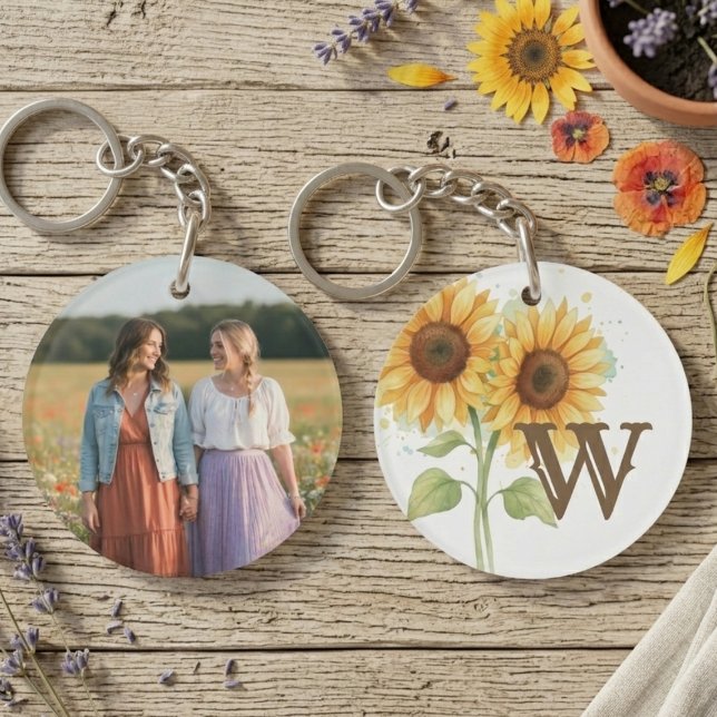 Llavero Best Friends Keychain - Watercolor Sunflowers (Sunflower initial photo keychain)