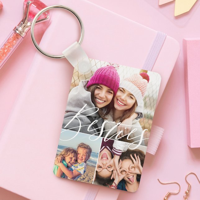 Llavero Besties Script 3 Photo Best Friends Collage BFFs (Besties Script 3 Photo Best Friends Collage BFFs Keychain)
