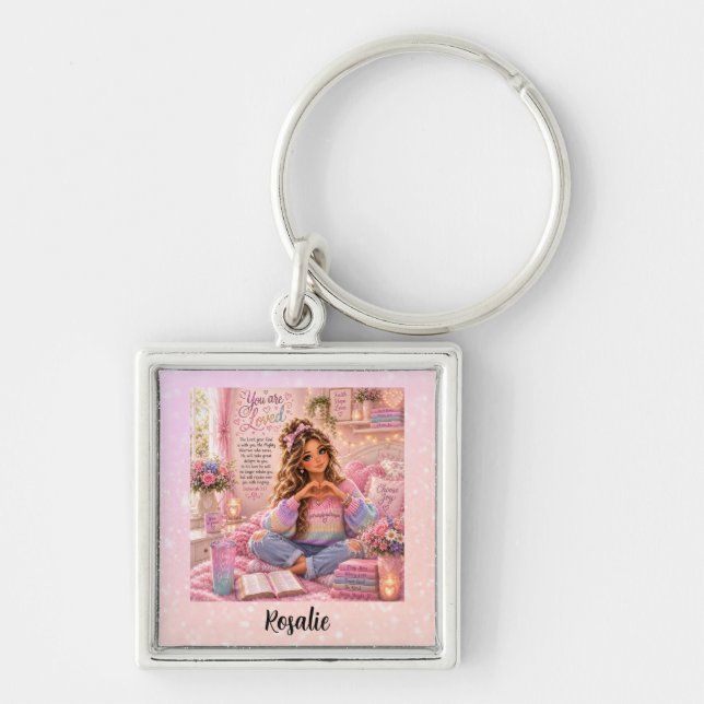Llavero Biblia cristiana para niñas de arcoíris rosa paste (Frente)