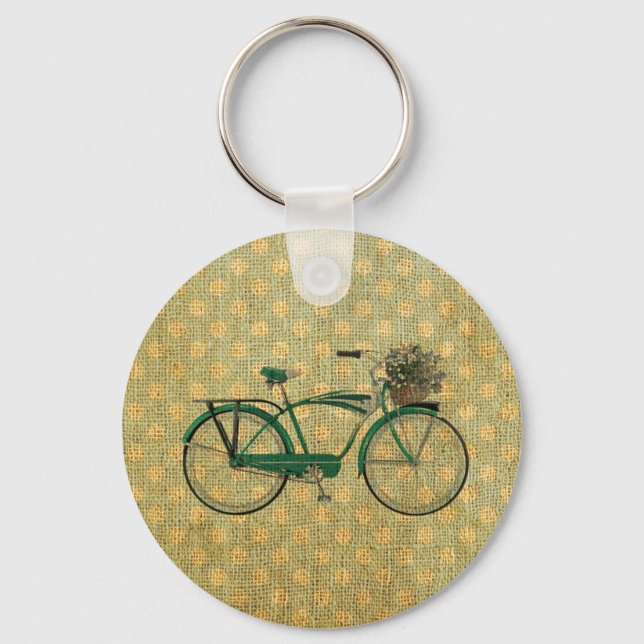 Llavero Bicicleta verde retro con cesta de flores (Anverso)