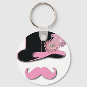 Llavero Bigote, sombrero de copa, plumas, y flor rosados