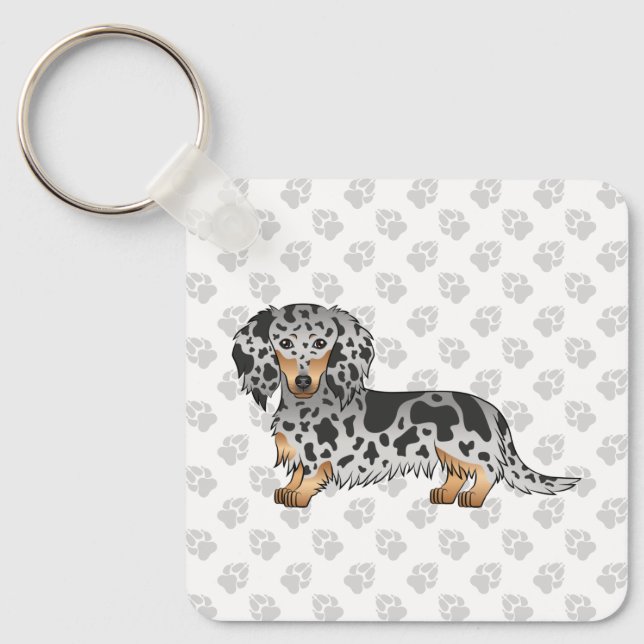 Llavero Black And Tan Dapple Long Hair Dachshund Dog (Anverso)