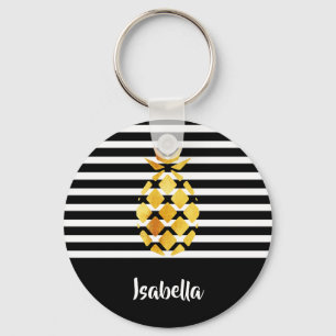 Llavero Black and white stripes gold pineapple with name