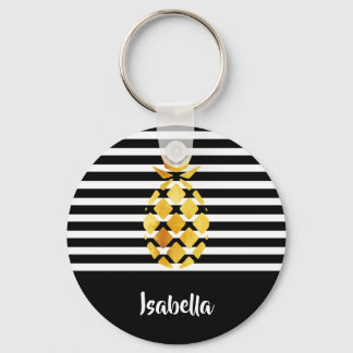 Llavero Black and white stripes gold pineapple with name