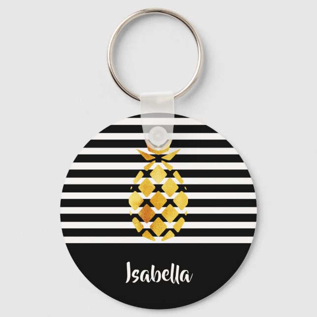 Llavero Black and white stripes gold pineapple with name (Anverso)