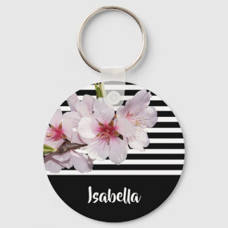 Llavero Black and white stripes pink cherry flowers name