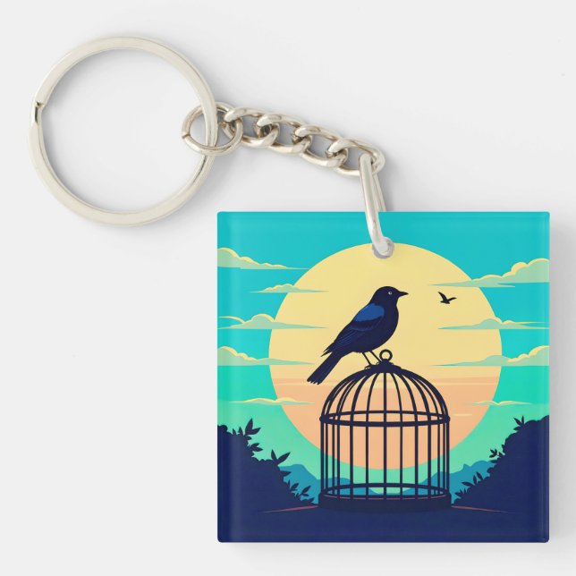 Llavero Black Bird in Empty Cage on Hill Silhouetted Again (Frente)
