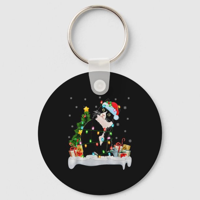 Llavero Black Cat Christmas Lights Santa Hat Black Cat Lov (Anverso)