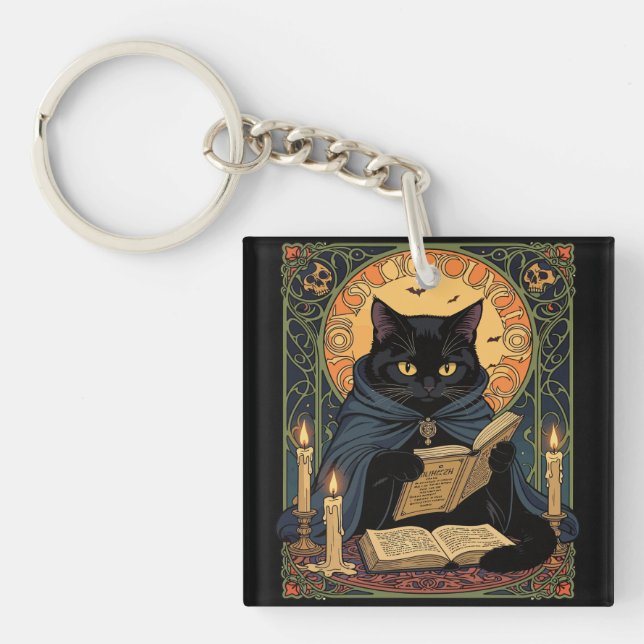 Llavero Black Cat Reading A Book Of Solstice Spells (Frente)