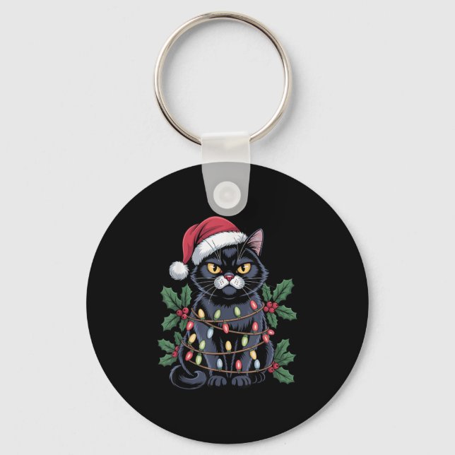 Llavero Black Cat Santa Hat Árbol de navidad ilumina Funny (Anverso)