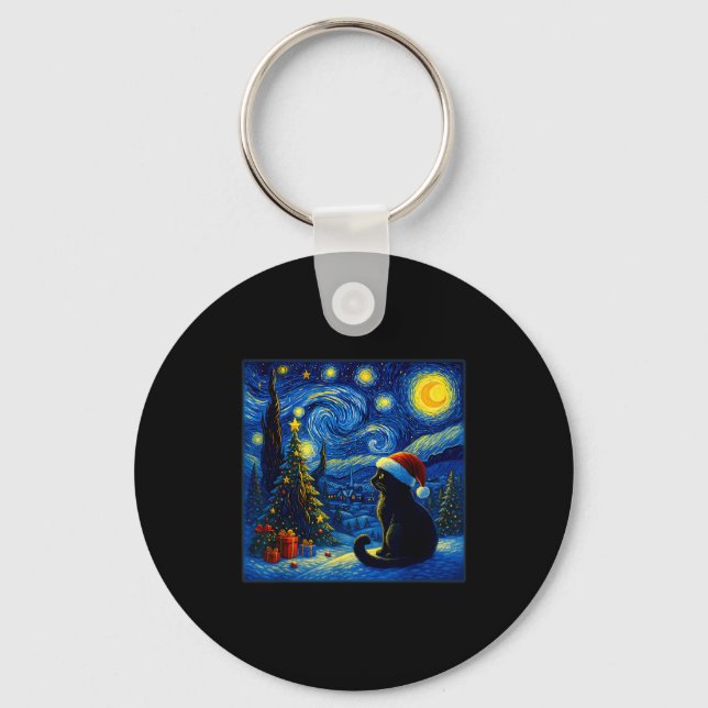 Llavero Black Cat Santa Hat Van Gogh Starry Night Christma (Anverso)