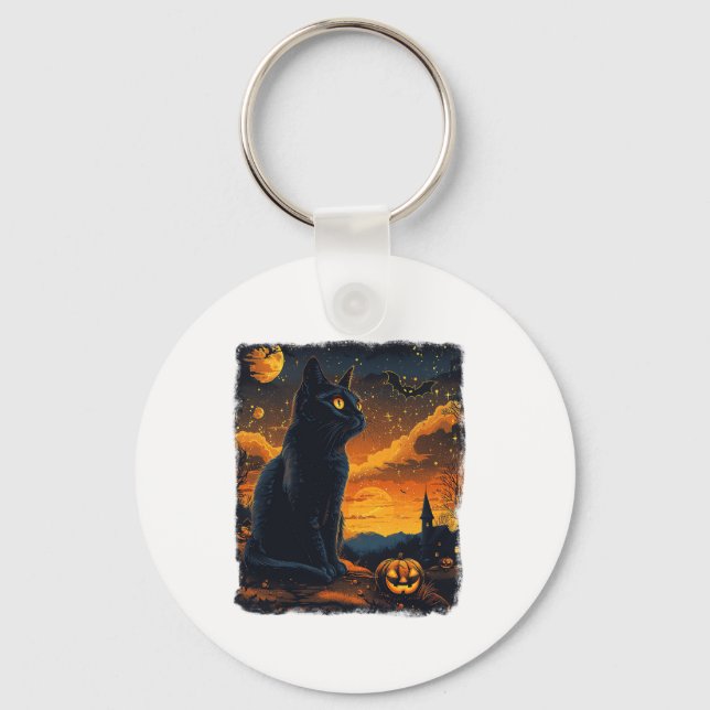 Llavero Black Cat Starry Night Van Gogh Pumpkins Bats Hall (Anverso)