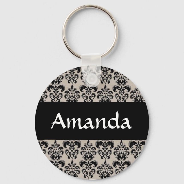 Llavero Black Damask Floral Personalized Name Key Chain (Anverso)