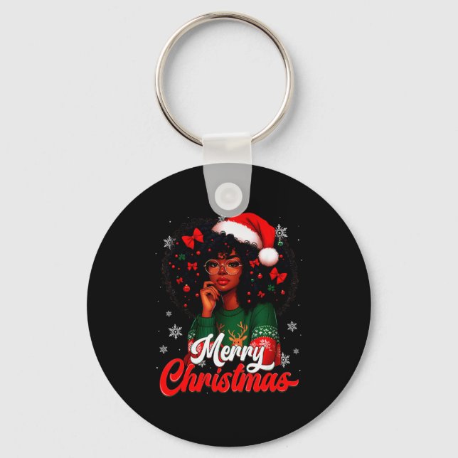 Llavero Black Girl Santa Hat Merry Christmas Pajama Africa (Anverso)