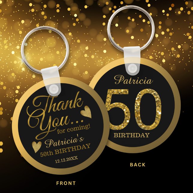 Llavero Black & Gold Glitter 50th Birthday Party Thank You (Subido por el creador)