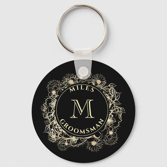 Llavero Black Gold Groomsman Monogram Keychain (Anverso)