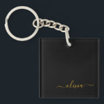 Llavero Black Gold Modern Script Girly Monograma Nombre<br><div class="desc">Cadena de claves de nombres de monograma de escritura simple en negro y dorado. Esto hace que el dulce perfecto cumpleaños 16,  boda,  ducha de novia,  aniversario,  ducha de bebé o fiesta de soltera sea regalo para alguien que ama el lujo glam y los estilos de moda.</div>