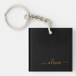 Llavero Black Gold Modern Script Girly Monograma Nombre
