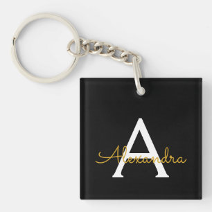 Llavero Black Gold Modern Script Girly Monograma Nombre