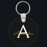 Llavero Black Gold Modern Script Girly Monograma Nombre<br><div class="desc">Cadena de claves de nombres de monograma simple de guiones negros y dorados (cadena de claves). Esto hace que el dulce perfecto cumpleaños 16,  boda,  ducha de novia,  aniversario,  ducha de bebé o fiesta de soltera sea regalo para alguien que ama el lujo glam y los estilos de moda.</div>