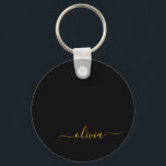 Llavero Black Gold Modern Script Girly Monograma Nombre<br><div class="desc">Cadena de claves de nombres de monograma simple de guiones negros y dorados (cadena de claves). Esto hace que el dulce perfecto cumpleaños 16,  boda,  ducha de novia,  aniversario,  ducha de bebé o fiesta de soltera sea regalo para alguien que ama el lujo glam y los estilos de moda.</div>