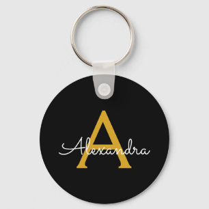 Llavero Black Gold Modern Script Girly Monograma Nombre