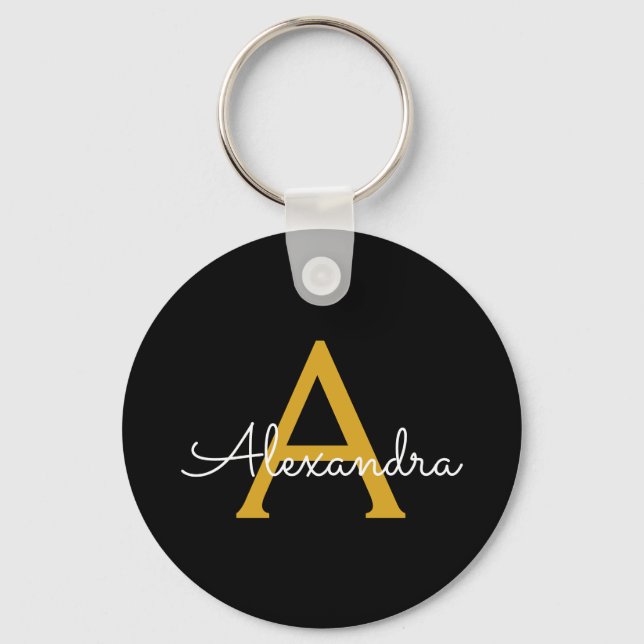 Llavero Black Gold Modern Script Girly Monograma Nombre (Anverso)