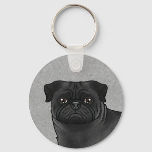 Llavero Black Pug Mops Dog Head Close-Up Y Custom Name