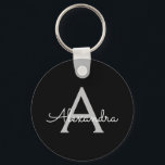 Llavero Black Silver Modern Script Girly Monograma Nombre<br><div class="desc">Cadena de teclas de nombre de monograma simple de escritura negra y plateada (cadena de claves). Esto hace que el dulce perfecto cumpleaños 16,  boda,  ducha de novia,  aniversario,  ducha de bebé o fiesta de soltera sea regalo para alguien que ama el lujo glam y los estilos de moda.</div>