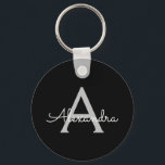 Llavero Black Silver Modern Script Girly Monograma Nombre<br><div class="desc">Cadena de teclas de nombre de monograma simple de escritura negra y plateada (cadena de claves). Esto hace que el dulce perfecto cumpleaños 16,  boda,  ducha de novia,  aniversario,  ducha de bebé o fiesta de soltera sea regalo para alguien que ama el lujo glam y los estilos de moda.</div>