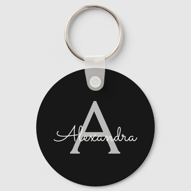 Llavero Black Silver Modern Script Girly Monograma Nombre (Anverso)