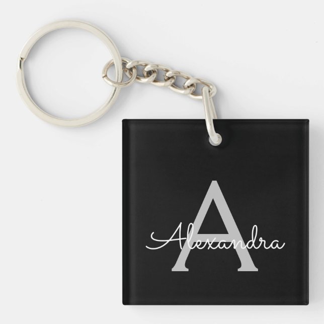 Llavero Black Silver Modern Script Girly Monograma Nombre (Frente)