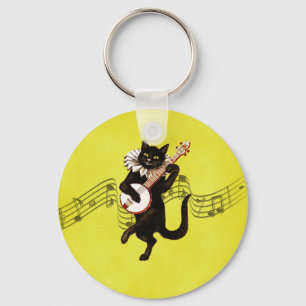 Llavero Black Vintage Cat Playing Banjo on Music Notes