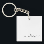 Llavero Black White Modern Script Girly Monograma Nombre<br><div class="desc">Cadena de claves de nombres de monograma de escritura simple en blanco y negro. Esto hace que el dulce perfecto cumpleaños 16,  boda,  ducha de novia,  aniversario,  ducha de bebé o fiesta de soltera sea regalo para alguien que ama el lujo glam y los estilos de moda.</div>