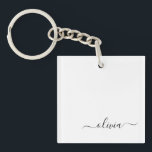 Llavero Black White Modern Script Girly Monograma Nombre<br><div class="desc">Cadena de claves de nombres de monograma de escritura simple en blanco y negro. Esto hace que el dulce perfecto cumpleaños 16,  boda,  ducha de novia,  aniversario,  ducha de bebé o fiesta de soltera sea regalo para alguien que ama el lujo glam y los estilos de moda.</div>