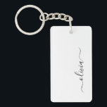 Llavero Black White Modern Script Girly Monograma Nombre<br><div class="desc">Cadena de claves de nombres de monograma de escritura simple en blanco y negro. Esto hace que el dulce perfecto cumpleaños 16,  boda,  ducha de novia,  aniversario,  ducha de bebé o fiesta de soltera sea regalo para alguien que ama el lujo glam y los estilos de moda.</div>