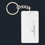 Llavero Black White Modern Script Girly Monograma Nombre<br><div class="desc">Cadena de claves de nombres de monograma de escritura simple en blanco y negro. Esto hace que el dulce perfecto cumpleaños 16,  boda,  ducha de novia,  aniversario,  ducha de bebé o fiesta de soltera sea regalo para alguien que ama el lujo glam y los estilos de moda.</div>