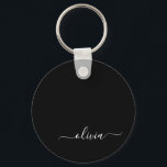 Llavero Black White Modern Script Girly Monograma Nombre<br><div class="desc">Cadenas de claves de nombres de monograma de escritura simple en blanco y negro (cadena de claves). Esto hace que el dulce perfecto cumpleaños 16, boda, ducha de novia, aniversario, ducha de bebé o fiesta de soltera sea regalo para alguien que ama el lujo glam y los estilos de moda....</div>