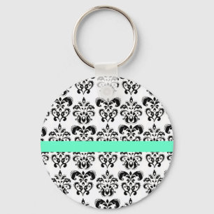 LLAVERO BLANCO NEGRO DAMASK FLORAL AQUA AZUL FRANJA VERDE 