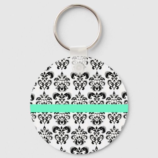 LLAVERO BLANCO NEGRO DAMASK FLORAL AQUA AZUL FRANJA VERDE  (Anverso)
