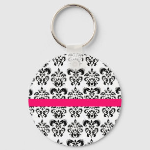 LLAVERO BLANCO NEGRO DAMASK FLORAL PINK FUCHSIA STRIPE