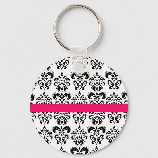 LLAVERO BLANCO NEGRO DAMASK FLORAL PINK FUCHSIA STRIPE (Anverso)