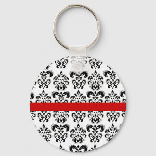 LLAVERO BLANCO NEGRO DAMASK FLORAL RED STRIPE
