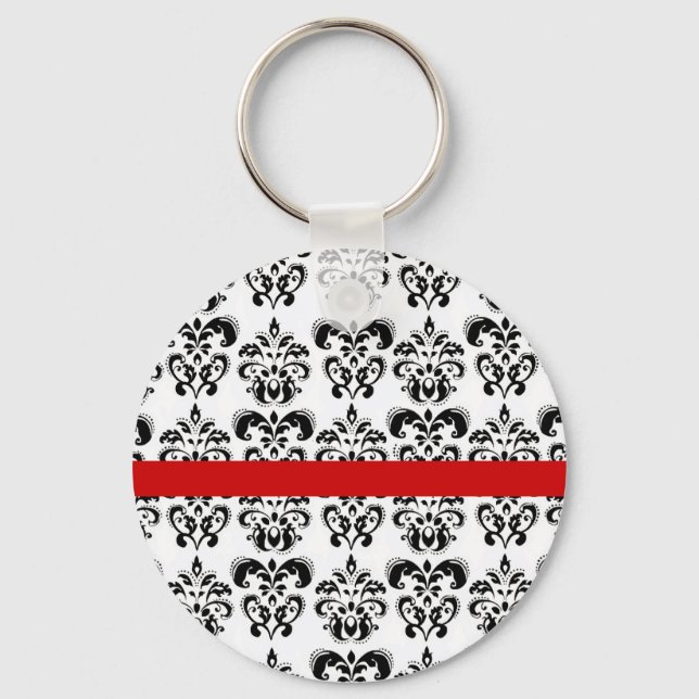 LLAVERO BLANCO NEGRO DAMASK FLORAL RED STRIPE (Anverso)