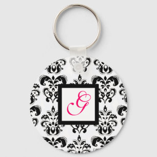 LLAVERO BLANCO NEGRO DAMASK SQUARE ROSA FUCHSIA MONOGRAM