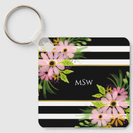 Llavero Blanco negro rayado de oro floral personalizado